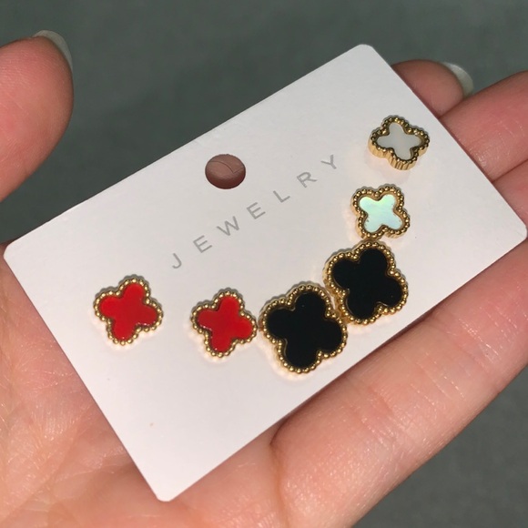 3 Gold Clover Earring Set (Red, Black, and Opal) - Picture 10 of 17